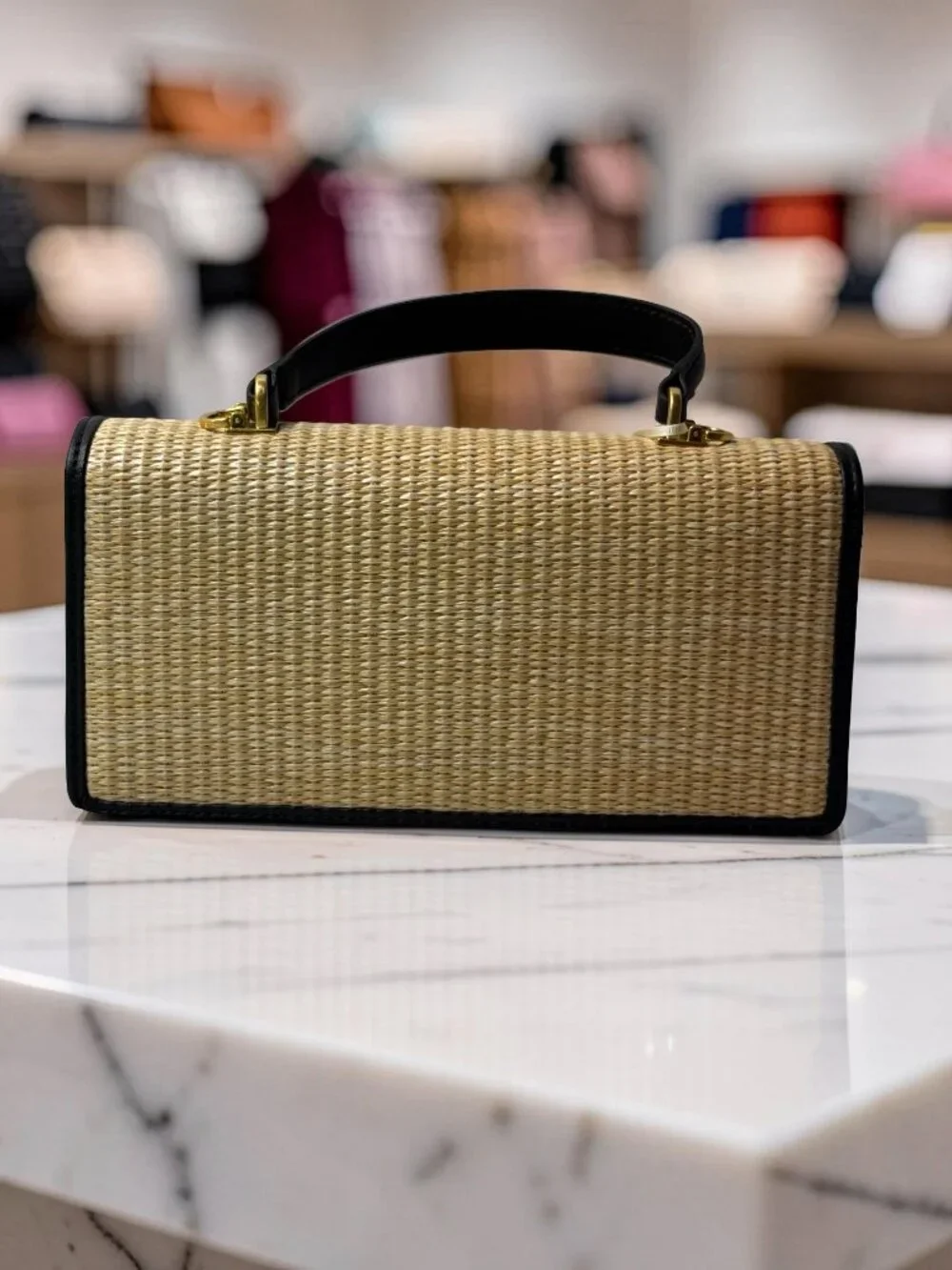 Off White Raffia Top Handle Crossbody Bag Natural Black Gold Arrow NWT